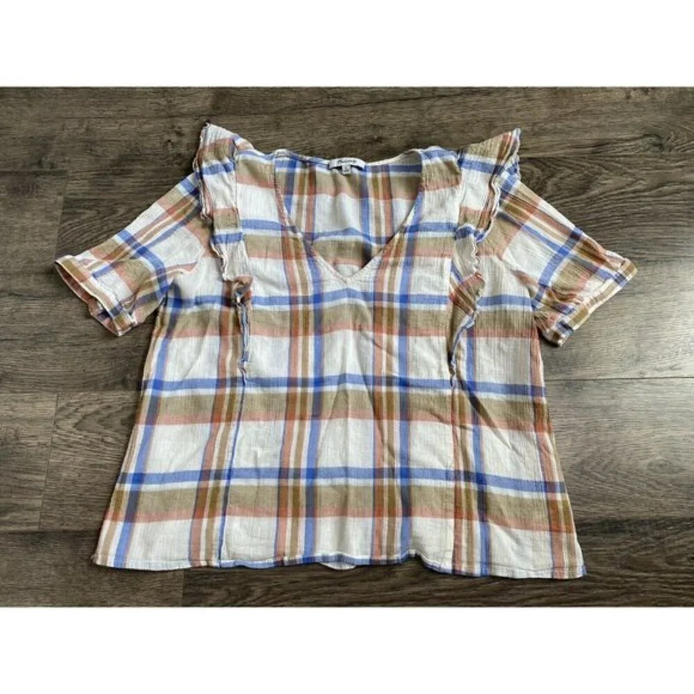 EUC Womens Madewell V‎ Neck Shoulder Ruffle Top In Plaid Short Sleeve Size L